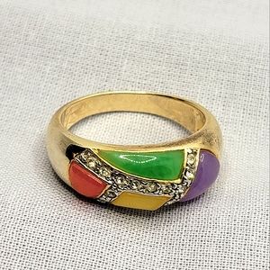 Vintage Color Block Inlay Gold Tone Ring Size 12 ½